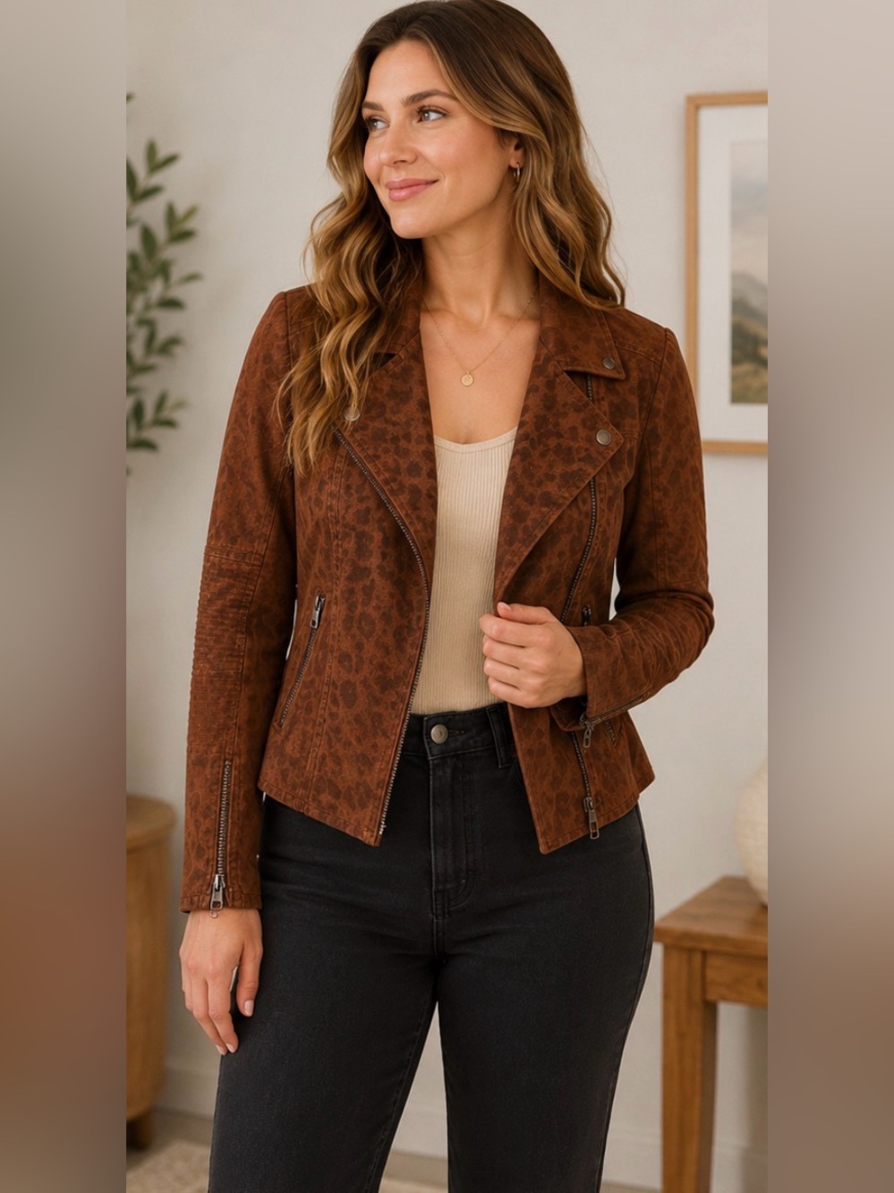 397 Marrakech Brown Leopard Print Moto Jacket Small Faux Suede Zip Biker Jacket